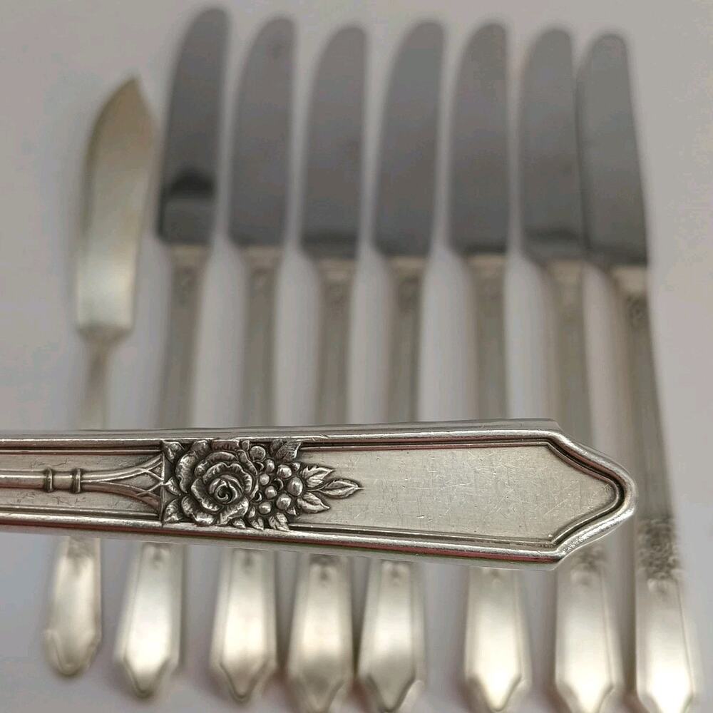 8+1X BK Vtg Manor Plate Triple Rose Rosedale Butter Knives Silverplate